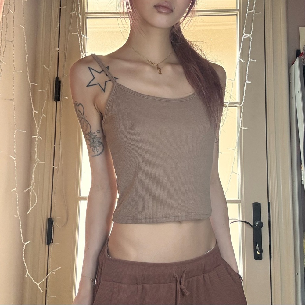 XXS-S Asian Brand Scoop Neck Spaghetti Strap Brown Cropped Tank